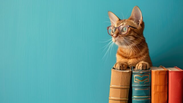 Cat with glasses sits atop stack of books against blue background