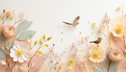 spring season nature plant and birds on white background in pastel color and paper craft style generative ai