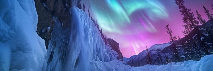 Waterfall with beautiful aurora northern lights in night sky with snow forest in winter.