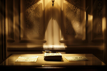 An elegantly lit scene with a dimly illuminated table set in a luxurious room, where two shadows...