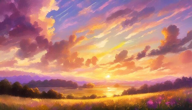 beautiful landscape background sky clouds sunset oil painting view wallpaper landscape light colours purple anime style magic and colorful