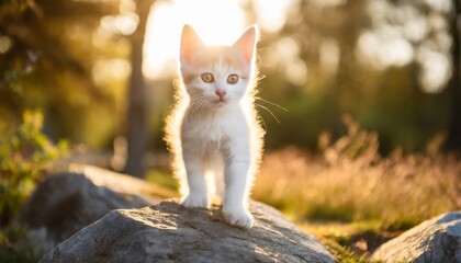 Naklejka na ściany i meble cute white kitten in park in nature stands on stone