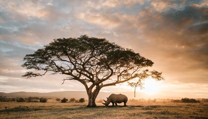 lonely rhino on tree - obrazy, fototapety, plakaty