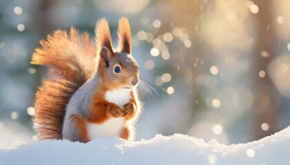 banner with cute red squirrel sciurus vulgaris sitting in a snow and looking for food on winter forest blurred background banner with beautiful animal in the nature habitat wildlife scene - obrazy, fototapety, plakaty
