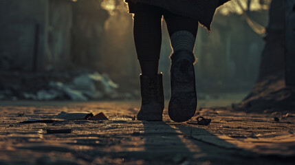 In the dim light of dawn, the shadowed figure of a poor woman walking alone, her uneven steps...