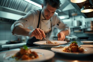 A chef plating a gourmet dish in a professional kitchen