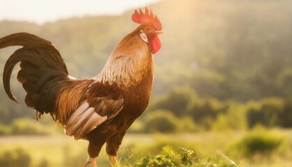 a rooster with brown plumage is crowing against the background of nature outdoor space for text banner - obrazy, fototapety, plakaty
