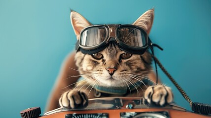 Cat with pilot goggles rests paws on steering wheel, implying it's ready to drive or fly - obrazy, fototapety, plakaty