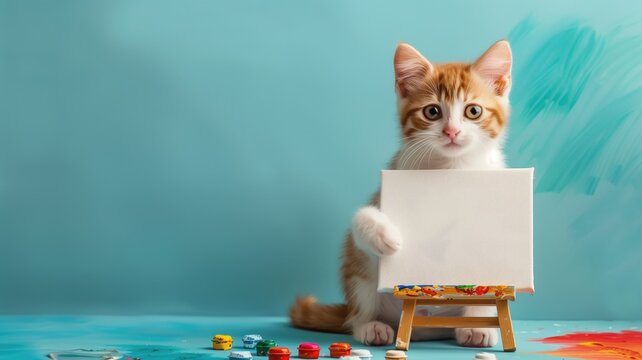 Orange and white cat with miniature easel blank canvas, surrounded by paint pots