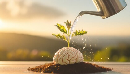 conceptual image of a brain as a growing plant being watered symbolizing mental growth and personal development - obrazy, fototapety, plakaty
