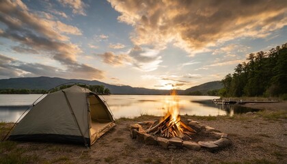 camping on the lake side with campfire and beatiful skies ai generated