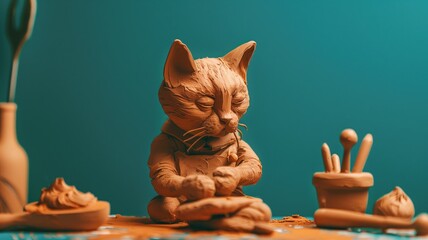 Clay sculpture of cat working on pottery projects against blue background