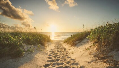 path on the sand going to the ocean in miami beach florida at sunrise or sunset beautiful nature landscape retro instagram filter and soft focus for vintage looks - obrazy, fototapety, plakaty