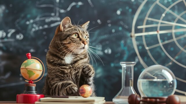Tabby cat sits beside scientific instruments, looking curiously away, with chalkboard in background