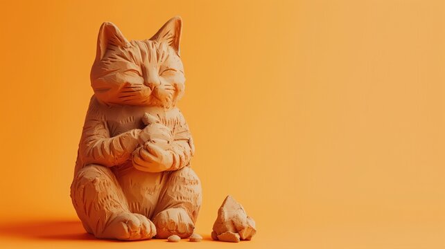 Wooden cat sculpture with broken ear on orange background