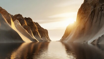 3d render futuristic landscape with cliffs and water modern minimal abstract background spiritual...