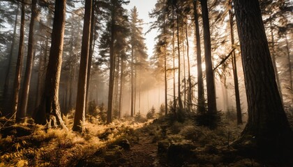 a spooky old forest dark and foggy holds nature mystery generated by ai