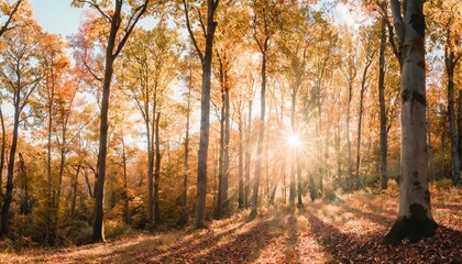 breathtaking panorama of a colorful autumn forest with vibrant foliage and sunlight filtering through the trees generative ai