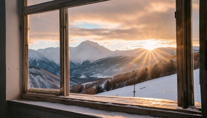 winter mountain view through the window