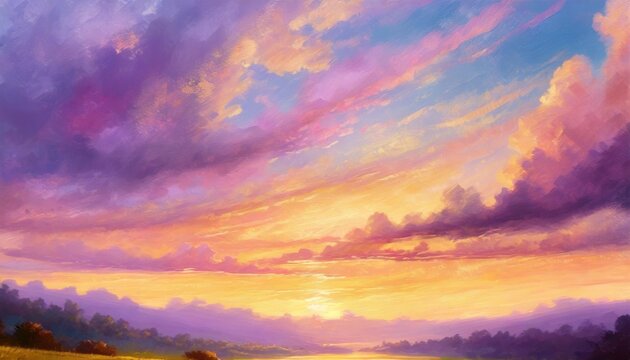 beautiful landscape background sky clouds sunset oil painting view wallpaper landscape light colours purple anime style magic and colorful