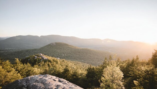 clean nature in the big forest image of a mountain range with lush forests and a clear sky there is a large rock in the picture you ll feel refreshed when you see it and want to go on a vacation