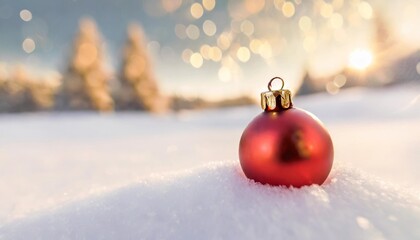 red christmas tree decoration or christmas ball sit on the white snow and beautiful blur soft dreamy winter atmosphere and nature background christmas backdrop generative ai technology
