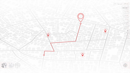 Route on the map. City street map with various points of interest. GPS tracking system to navigate and find way around the city landmarks, directions to different locations. Vector illustration