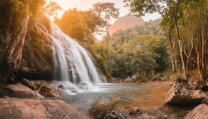 panoramic beautiful deep forest waterfall in thailand