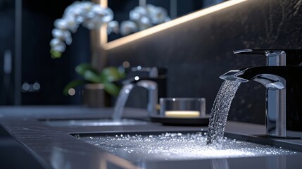 Close-up sink with faucet with running water in bright bathroom