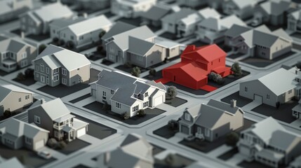 3d render of a estate concept with one red marked house