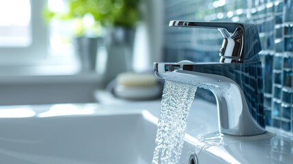 Close-up sink with faucet with running water in bright bathroom