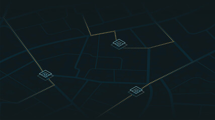 Abstract set of routes on the map of city, with buildings and roads. Vector illustration on black background