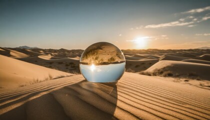 a moonlit desert landscape with sand dunes stretching to the horizon surrounded by the quiet stillness of the night all within a glass globe