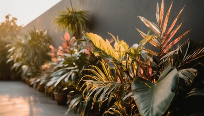 many brightly colored tropical plants are on a black wall - Powered by Adobe