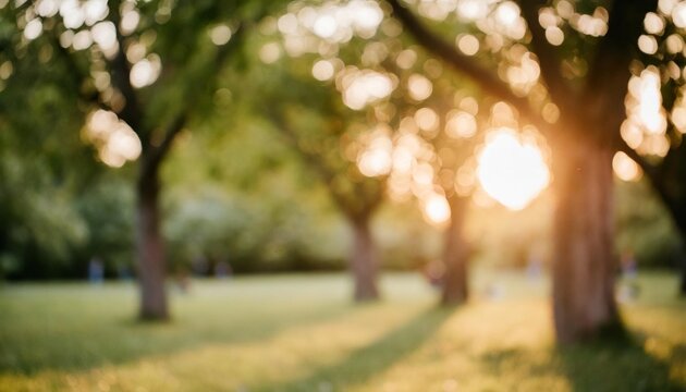 blurred nature background with trees in a park garden featuring green bokeh light in summer