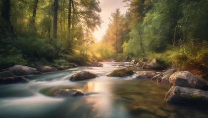 Selbstklebende Fototapete Waldfluss river flowing through the forest calm moody nature background long exposure peaceful green environment 3d render 3d illustration