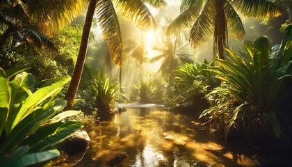 jungle on a sunny day beautiful tropical rainforest illustration with exotic plants palms big...
