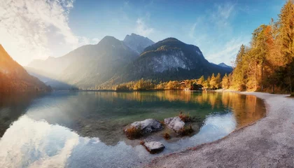 Papier Peint photo Alpes fantastic autumn panorama on hintersee lake colorful morning view of bavarian alps on the austrian border germany europe beauty of nature concept background