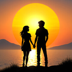 Square Sunset Silhouette: Two Friends Reflect on Friendship Day, Reveling in the Red-Orange Sun