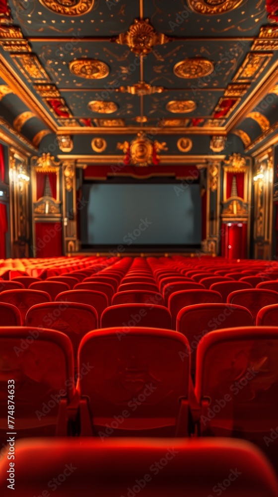 Wall mural A view of a theater with red seats and gold decorations, AI