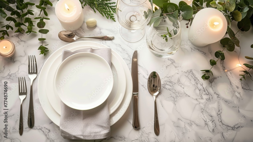 Poster A white table setting with silverware, plates and candles, AI