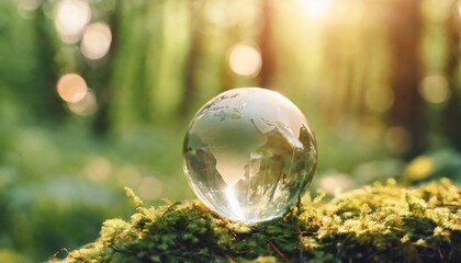 Obraz na płótnie Canvas globe planet glass in green forest with bokeh nature lights world environment day concept for environment conservation protect ecology earth and environmental eco friendly life with copy space