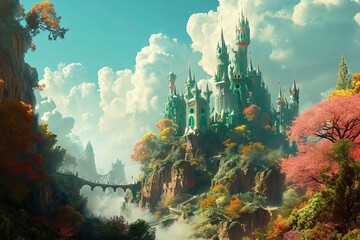 Fantastic magical flying majestic castle palace in the clouds in a fantasy world - obrazy, fototapety, plakaty