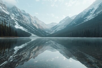 A serene lake surrounded by snow-capped mountains.