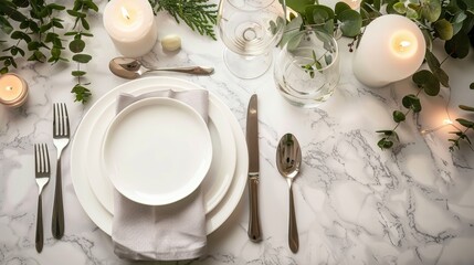 A white table setting with silverware, plates and candles, AI