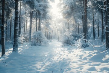 A snowy forest scene with trees covered in a blanket of snow.