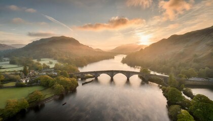 skelwith bridge and loughrigg aerial sunrise lake district england