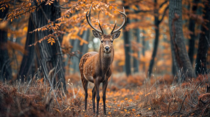 Beautiful red deer in autumn forest. Wildlife scene from nature.