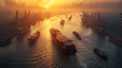 An aerial view of a bustling port city with cargo ships loading and unloading