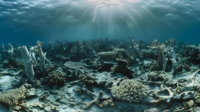 Devastating effects, bleached coral reefs in polluted waters ai image